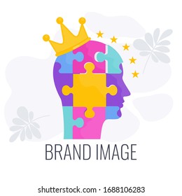 Brand image infographics pictogram. Human head as box with tools for creativity. Strategy, management and marketing. Successful positioning of company in market. Flat vector illustration.