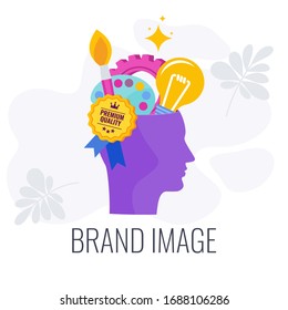 Brand image infographics pictogram. Human head as box with tools for creativity. Strategy, management and marketing. Successful positioning of company in market. Flat vector illustration.