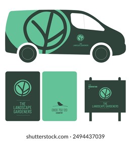 Brand image, logo for landscaper, garden designer, gardener, urban planner, nurseryman. Editable vector illustration, colors and texts, mock-up stationery, signs, truck wrapping