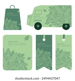 Brand image, logo for landscaper, garden designer, gardener, urban planner, nurseryman. Editable vector illustration, colors and texts, mock-up stationery, signs, truck wrapping