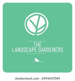 Brand image, logo for landscaper, garden designer, gardener, urban planner, nurseryman. Editable vector illustration, colors and texts, mock-up stationery, signs, truck wrapping