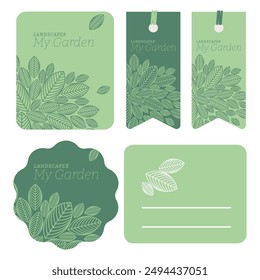 Brand image, logo for landscaper, garden designer, gardener, urban planner, nurseryman. Editable vector illustration, colors and texts, mock-up stationery, signs, truck wrapping