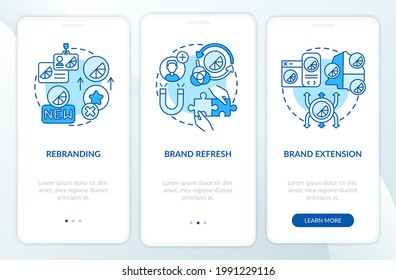 Brand Implementation Onboarding Mobile App Page Screen With Concepts. Rebranding, Brand Refresh Walkthrough 3 Steps Graphic Instructions. UI, UX, GUI Vector Template With Linear Color Illustrations