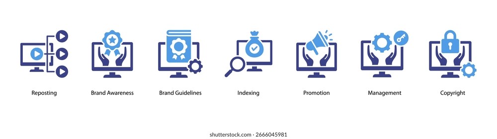 Ilustração vetorial do banner da Web da estratégia de marca e índice apresentando Repostagem, Reconhecimento de marca, Diretrizes de marca, Indexação, promoção, gerenciamento e copyright.