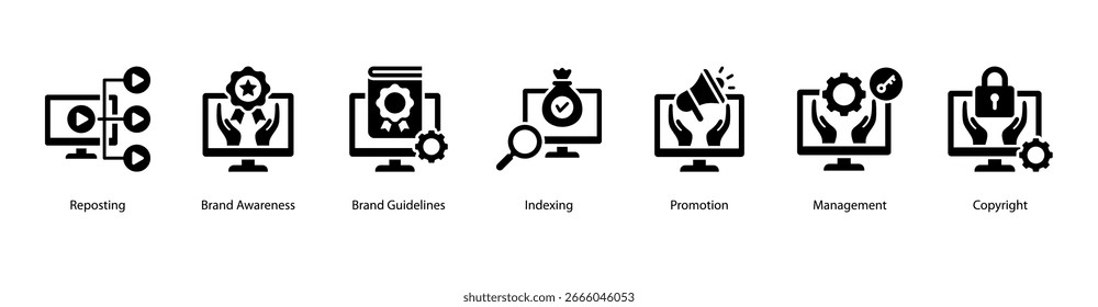 Estrategia de marca e índice Ilustración vectorial de Anuncio de Web que incluye republicación, conciencia de marca, Lineamientos de marca, indexación, promoción, gestión y Derechos de autor.