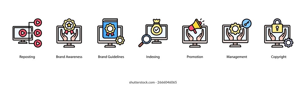 Brand and Index Strategy web banner vector illustration featuring Reposting, Brand Awareness, Brand Guidelines, Indexing, Promotion, Management, and Copyright.