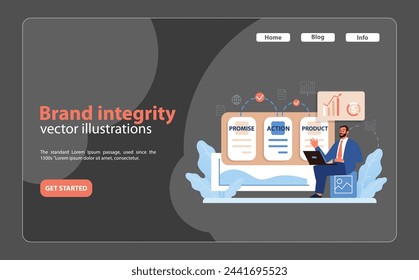 Brand Integrity Illustration. A businessman interacts with promise, action, and product charts, emphasizing a company's commitment to its brand values. Flat vector illustration.