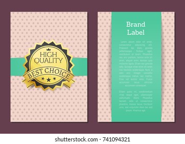 Brand label high quality award best choice vector illustration banner on pink background with dots and green place for text on green