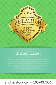 Brand label premium best quality 100% golden metal label with place for text, vector illustration gold sticker isolated on green checkered poster