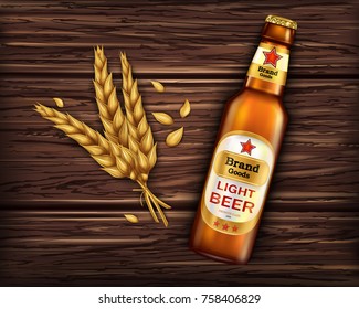 Brand labeled brown glass bottle with light beer on wooden background with ingredient, barley ears, vector realistic. Poster template for classic craft beer, ad package design