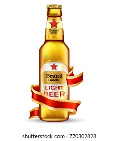 Brand labeled light brown glass bottle with light beer and red ribbon, realistic vector isolated on white background. Template for classic craft beer ad, package design mock up