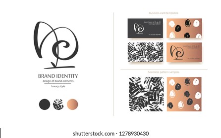 Brand line logo with calligraphic uppercase A P or B letter combination in curious style. Kids brand style. Business cards and used seamless patterns included - Vector