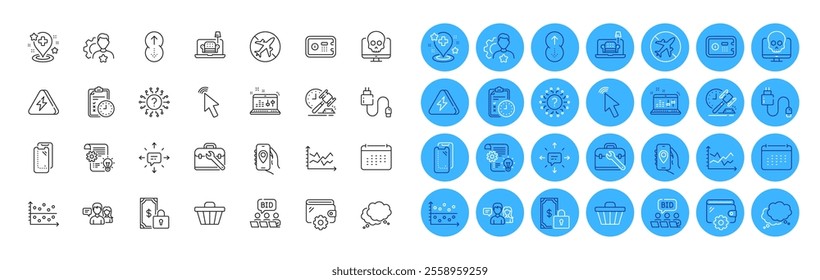 Brand, Location app and Speech bubble line icons pack. Shop cart, Calendar, Airplane mode web icon. Dot plot, Charging cable, Diagram chart pictogram. Furniture, Cursor, Online auction. Vector