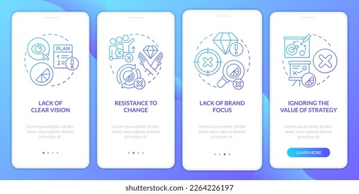 Brand longevity challenges blue gradient onboarding mobile app screen. Walkthrough 4 graphic instructions with linear concepts. UI, UX, GUI template. Myriad Pro-Bold, Regular fonts used