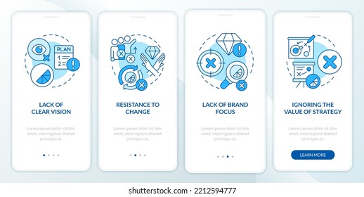 La longevidad de la marca desafía la pantalla azul de aplicación móvil. Recorrido 4 pasos instrucciones gráficas editables con conceptos lineales. UI, UX, plantilla GUI. Multitud de tipos de letra Pro-Bold, con uso regular