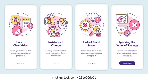 Brand longevity challenges onboarding mobile app screen. Marketing walkthrough 4 steps editable graphic instructions with linear concepts. UI, UX, GUI template. Myriad Pro-Bold, Regular fonts used