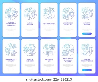 Brand longevity and quality blue gradient onboarding mobile app screen set. Walkthrough 5 graphic instructions with linear concepts. UI, UX, GUI template. Myriad Pro-Bold, Regular fonts used