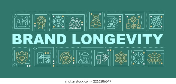 Brand longevity word concepts dark green banner. Marketing. Infographics with editable icons on color background. Isolated typography. Vector illustration with text. Arial-Black font used