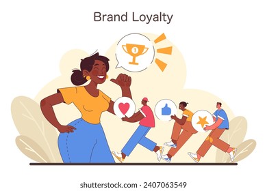 Brand Loyalty concept. A joyful woman celebrates customer fidelity as people follow, sharing positive feedback. A narrative of consumer satisfaction and trust. Flat vector illustration