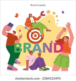 Brand loyalty concept. Representation of enthusiasm demonstrated by diverse individuals engaging with a brand's identity. Highlights customer satisfaction and emotional connection to brands. Vector