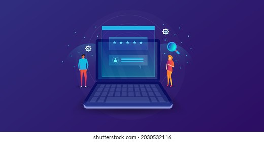 Creación de lealtad de marca, marca digital establecida, marketing de marca, calificación de alta calidad del cliente - ilustración vectorial con iconos aislados en el fondo oscuro
