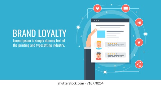 Brand Loyalty, Customer Awareness, Brand Management, Flat Vector Banner Illustration With Icons Isolated On Blue Background