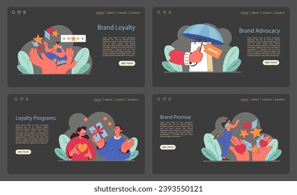 Brand Loyalty set. Illustrating customer satisfaction, experience, and engagement with a brand. Diverse people rating, advocating, and enjoying services. Flat vector illustration