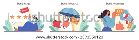 Brand Loyalty set. Rating, protection, and promotion as key facets. Customer engagement with quality, trust-building, and message amplification. Flat vector illustration
