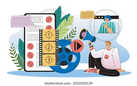 Brand manage concept. Man with loudspeaker promote company on internet. Branding and development of corporate identity. Graphic designer and freelancer. Flat vector illustration