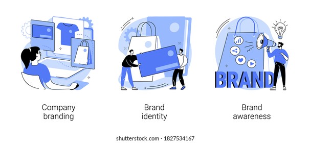 Brand management abstract concept vector illustration set. Company branding, brand identity and awareness, visual identity, website and social media, business card, logo template abstract metaphor.