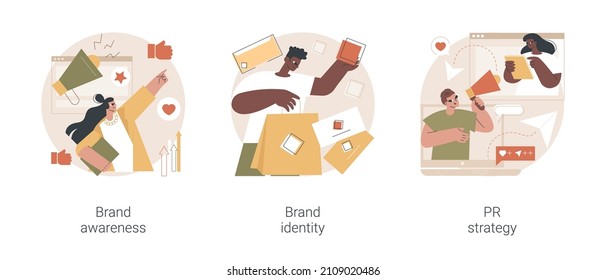 Brand Management Abstract Concept Vector Illustration Set. Brand Awareness, Identity Design, PR Strategy, Business Card, Logo Template, Communication With Target Audience, Metrics Abstract Metaphor.