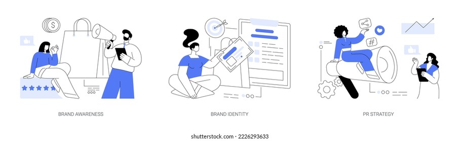 Brand management abstract concept vector illustration set. Brand awareness, identity design, PR strategy, business card, logo template, communication with target audience, metrics abstract metaphor.