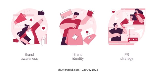 Brand management abstract concept vector illustration set. Brand awareness, identity design, PR strategy, business card, logo template, communication with target audience, metrics abstract metaphor.