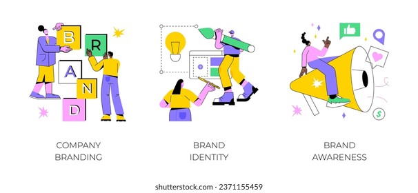 Brand management abstract concept vector illustration set. Company branding, brand identity and awareness, visual identity, website and social media, business card, logo template abstract metaphor.