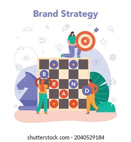 Brand management concept. Manager creating and developing unique design of a company or product. Brand recognition as a marketing strategy and promotion technology. Isolated flat illustration