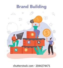 Brand management concept. Manager creating and developing unique design of a company or product. Brand recognition as a marketing strategy and promotion technology. Isolated flat illustration