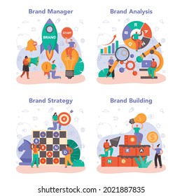Conjunto de conceptos de administración de marcas. Gestor que crea y desarrolla un diseño único de una empresa o producto. Reconocimiento de marcas como estrategia de marketing y tecnología de promoción. Ilustración plana aislada
