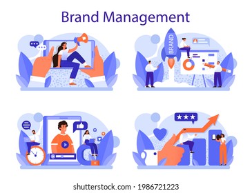 Brand management concept set. Unique design of a company creation and development. Brand recognition as a marketing strategy and promotion. Isolated flat illustration