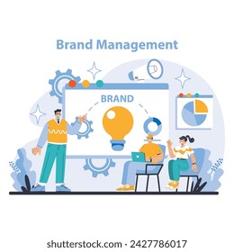 Brand management concept. Team collaborating on holistic brand management. Crafting identity with innovative ideas. Targeting market positioning and audience engagement. Flat vector illustration.