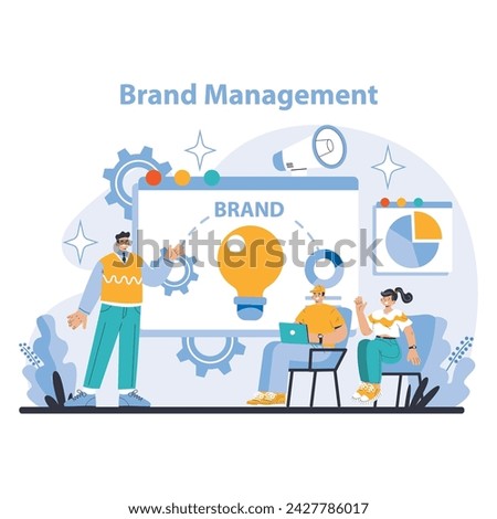 Brand management concept. Team collaborating on holistic brand management. Crafting identity with innovative ideas. Targeting market positioning and audience engagement. Flat vector illustration.