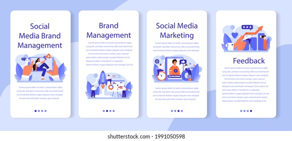 Brand management mobile application banner set. Unique design of a company creation and development. Brand recognition as a marketing strategy and promotion. Isolated flat illustration