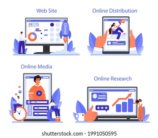 Brand management online service or platform set. Unique design of a company creation and development. Online research, distribution, media, website. Isolated flat illustration