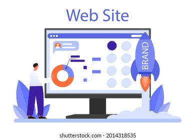 Brand management online service or platform. Unique design of a company creation and development. Website. Isolated flat illustration