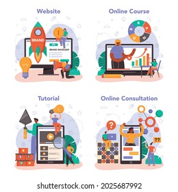 Brand management online service or platform set. Manager developing unique design. Brand recognition as a marketing strategy. Online consultation, course, tutorial, website. Flat vector illustration