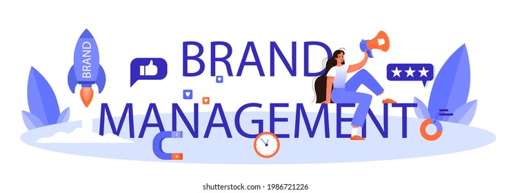 Encabezado tipográfico de administración de marcas. Diseño único de la creación y desarrollo de una empresa. Reconocimiento de marcas como estrategia de marketing y promoción. Ilustración plana aislada