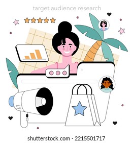 Brand manager concept. Specialist developing unique design of a company or product,. Brand recognition as a advertising strategy and promotion. Flat vector illustration