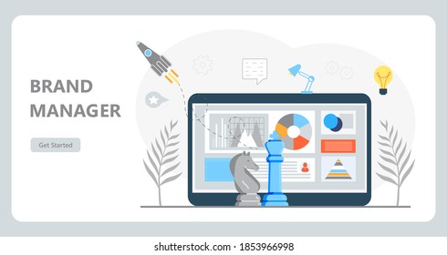 Brand manager concept vector. Freelance workplace are busy with email marketing analysis. Seo specialist in company. Chess figures, tablet are shown