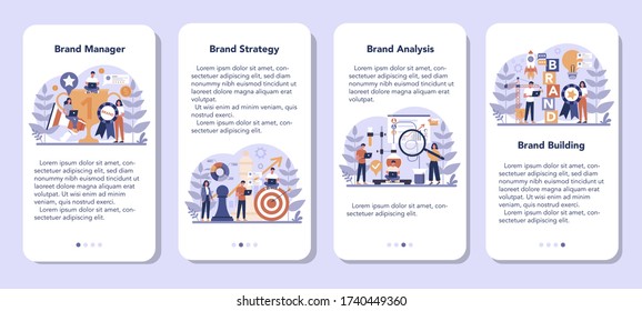 Brand manager mobile application banner set. Marketing specialist create unique design of a company. Brand recognition as a part of business strategy. Isolated flat illustration