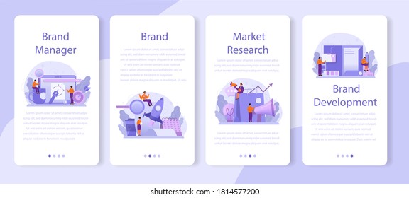 Brand manager mobile application banner set. Marketing specialist create unique design of a company. Brand recognition as a part of business strategy. Isolated flat illustration