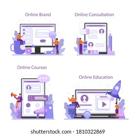 Brand manager online service or platform set. Marketing specialist create unique design of a company, business strategy. Online brand, education, consultation, course. Isolated flat illustration